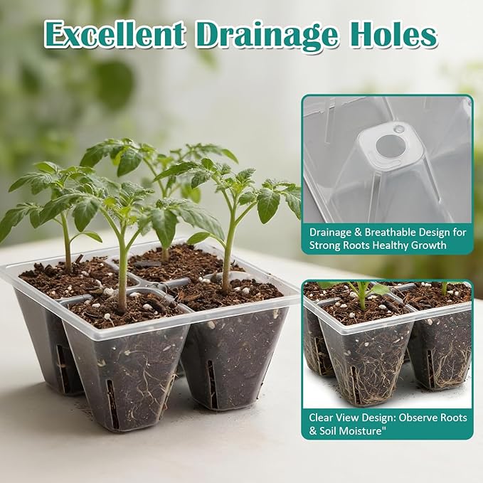 40 Pack Reusable 4-Cell Seed Starter Trays with Large Drainage Holes - Clear Transparent Trays for Root Growth Monitoring Avoids Overwatering Easy Transplant Fits Standard 1020 Trays