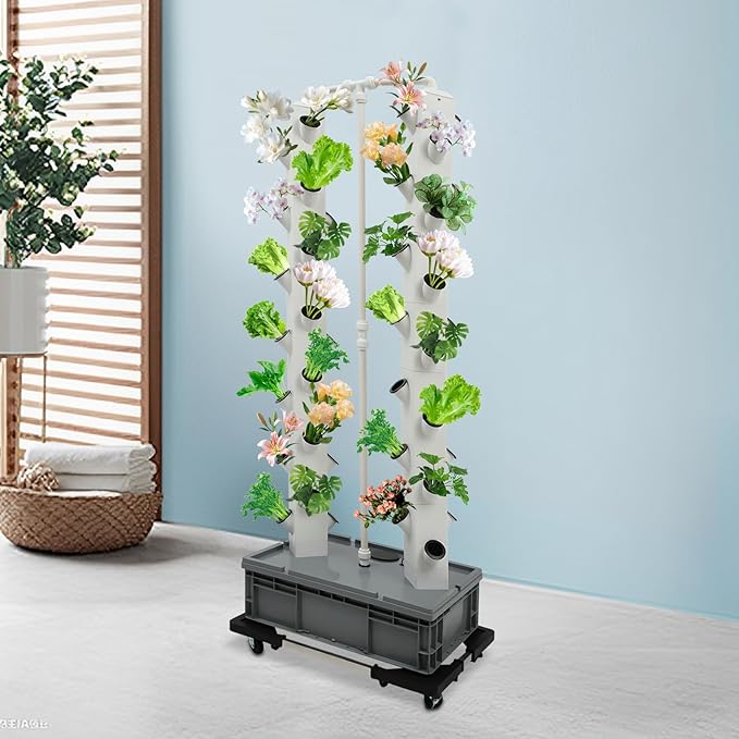 Hydroponics Growing System Kit Tower Indoor Garden Growing System 56 Plant Indoor Tower with Water Pump Flow Regulator &amp Wheels Vertical Hydroponic System for Gardening Lover -Grey+White