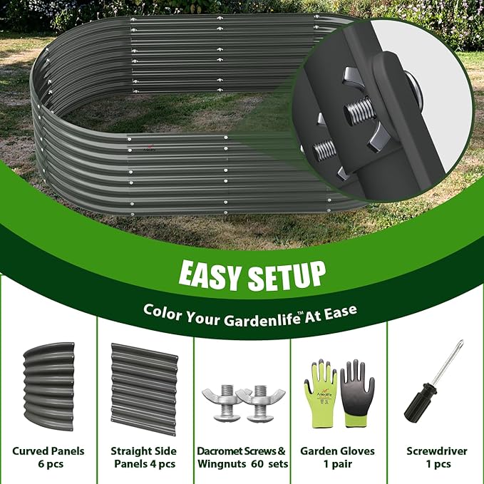 A ANLEOLIFE 6X3X2 ft Galvanized Raised Garden Beds Outdoor-4 Pack Oval Large Metal Deep Root Planter Box for Planting Vegetables Flowers Herb Anti-Rust &amp Easy-Setup Quartz Grey
