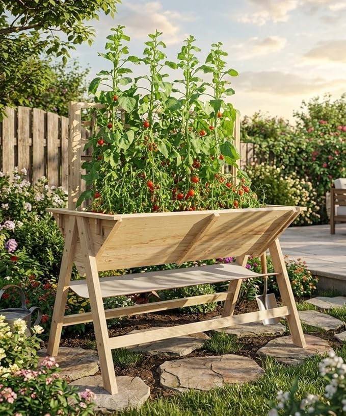 Large Wooden Raised Garden Bed with Trellis &amp Storage Shelf Tall Elevated Planter Box with Legs Extra Deep Standing Planter with Drainage Holes for Outdoor Vegetables Flowers &amp Herbs Natur