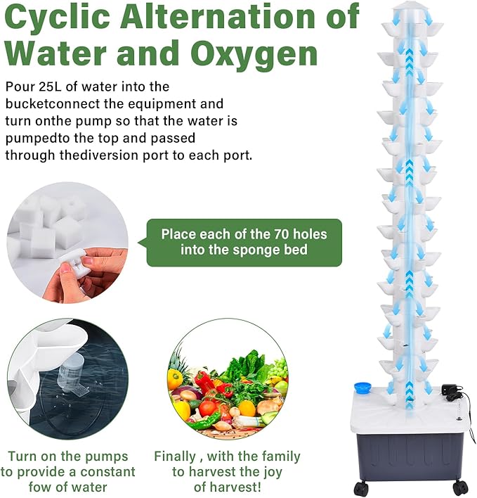 Hydroponic Tower Growing System 14-Layer 70 Slots Indoor Outdoor Grow Kit with Movable Water Tank Hydrating Pump Timer &amp Adapter for Vegetables Strawberries Lettuce