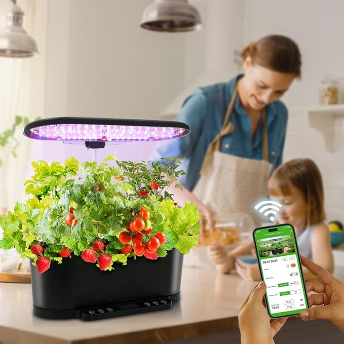 EAGLE PEAK 15 Pods Hydroponics Growing System with WiFi 5.5 L Water Tank Smart Indoor Plants Germination Kit with LED Grow Light Pump System Adjustable Height for Home Kitchen Gardening Black