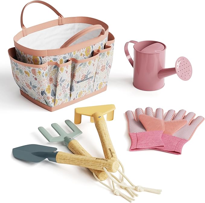 Gardening Set Tool Kit for Kids STEM Includes Tote Bag Spade Watering Can Rake Fork Trowel and Gloves (Petal)