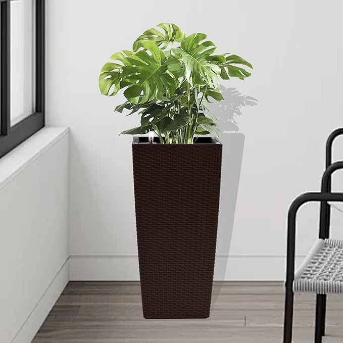 IndoorOutdoor Faux Rattan Square Planter 22.6 inch Brown Plastic Large Planter with Automatic Watering System for Home and G(Brown 22.6 inch 2 Pack)