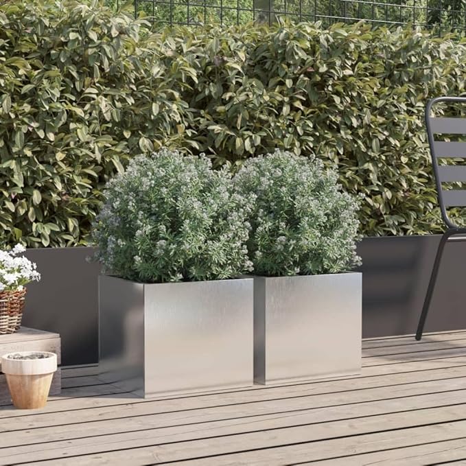 Set of 2 Silver Stainless Steel Rectangular Modern Planter Boxes 11.8x12.6x11.4 in Rust-Resistant Elevated Garden Beds Outdoor for Patio Balcony and Terrace
