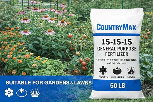 CountryMax 15-15-15 All Purpose Fertilizer 50 lb Bag Balanced Nutrition for Flowers &amp Vegetable Beds Raised Gardens Lawns &amp Grass Supports Soil Health and Consistent Growth
