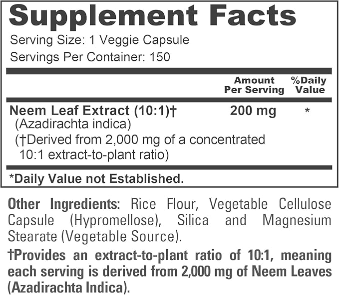 NusaPure Neem Leaf Root 10:1 Extract 200 mg Equivalent to 2000 mg 150 Veggie Capsules|Herbal Supplement|Non-GMO Vegan
