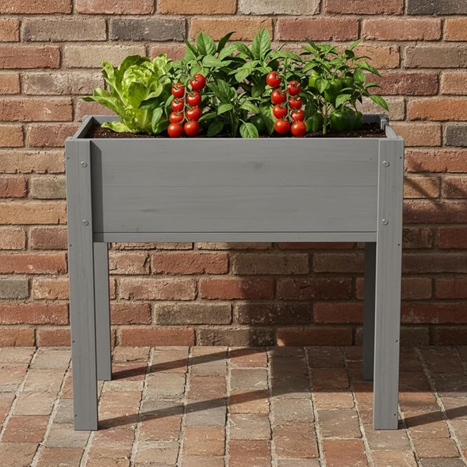 31 x 16 x 30 Inches Raised Garden Bed with Legs Elevated Wooden Planter Box for Outdoor Plants Garden Backyard Patio Balcony - 200lb Capacity Grey