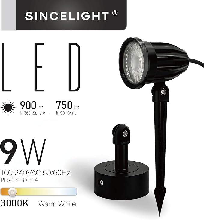 SINCELIGHT LED Spike Light 9W for Outdoors Spike/Wall/Ceiling Mount Adjustable Spotlight for Garden/Pathway/Patio/Landscape IP65 Waterproof Warm White 3000K Hardwired Pack of 2