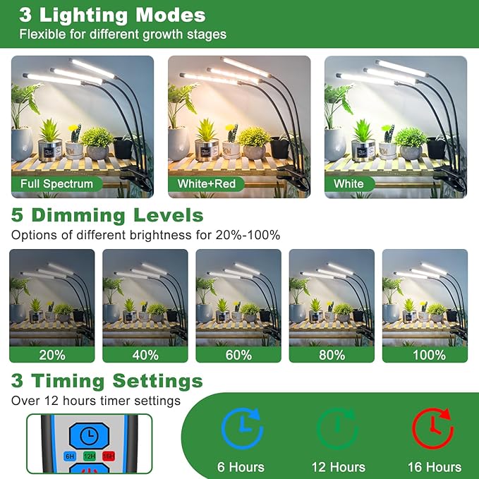 wolezek Grow Lights for Indoor Plants 2 Pack 6000K Full Spectrum Plant Lights Indoor White LED Plant Growing Lamp with Auto ON &amp Off Timer 6/12/16H 3 Modes 5-Level Dimmable Brightness