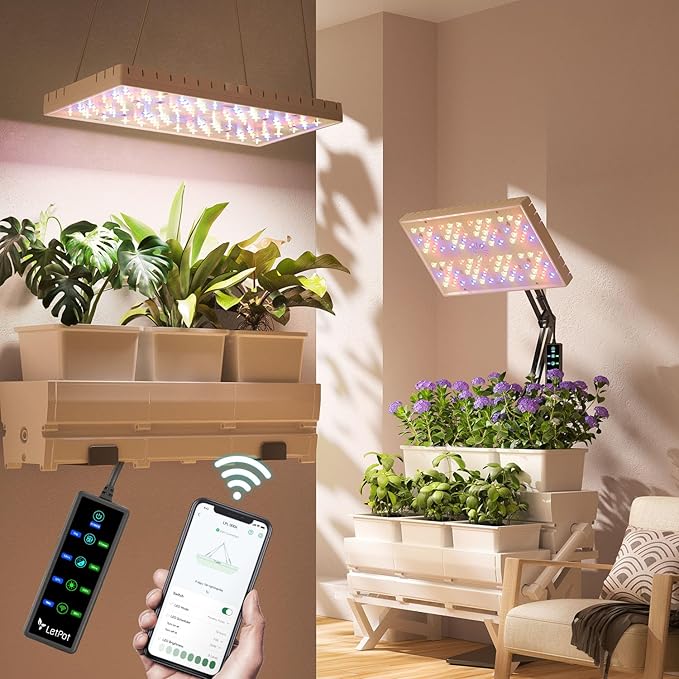LetPot 60 Watt Plant Grow Lights for Indoor Plants Full Spectrum Smart APP Control 8-Level Adjustable Light Hanging &amp Stand Use Aluminum Cooling 270° Foldable 360° Rotation 2x2ft Coverage