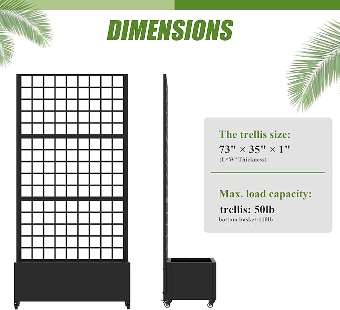 Casaphoria 72x35 Metal Raised Garden Bed with Trellis(2 Pack) Outdoor Planter Box with Wheels &amp Drainage Holes for Climbing Plants Flowers Elevated Garden Kit with Privacy Screen Black-Gird