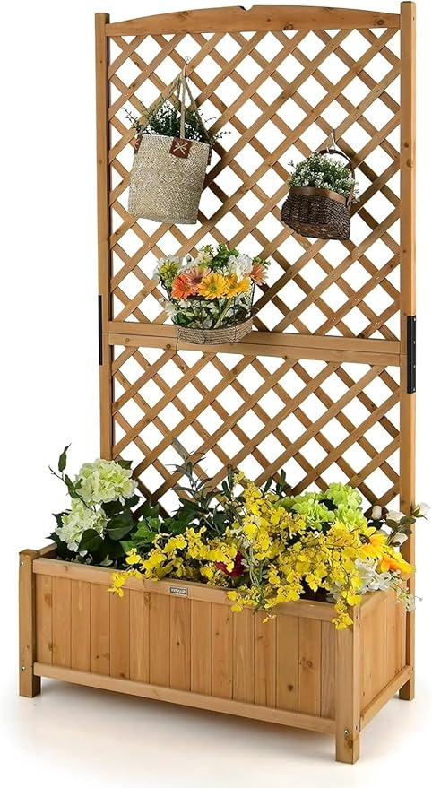 LDAILY Raised Garden Bed with Trellis 71 Wood Flower Beds High Trellis for Climbing Plants Outdoor Planter Box for Flowers/Vegetables/Fruits/Vines in Yard Patio Balcony