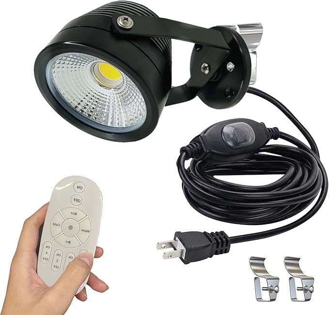 Kiven LED Indoor/Outdoor Waterproof SpotlightDimmable Porch Light with Vinly Siding Hooks9.84 FT Plug-in Cord and Remote Control 7W Plug in Accent Light for Plants Porch Garden