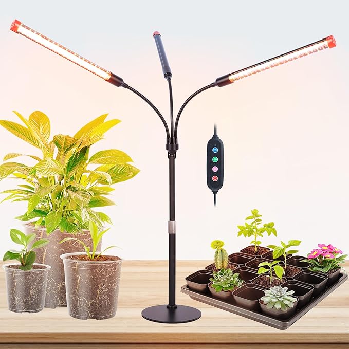 FECiDA 2026 3Head Table Top Grow Lights for Seed Starting Indoor Plants Bonsai 27 Watt Power Draw NO Need Adapter 4/8/12/16/20H Timer 16-24 Height Adjustable
