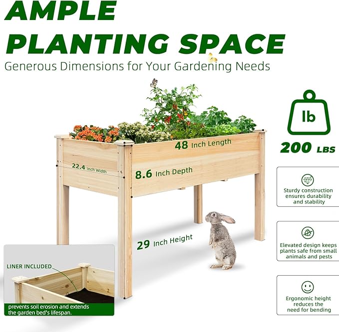 BSP Raised Garden Bed with Legs Outdoor Elevated Planter Box Flower Bed Wood Planter for Vegetable Herb Upgraded Solid Structure Growing Box Suitable for Backyard Patio and Balcony 48”L X 24”W