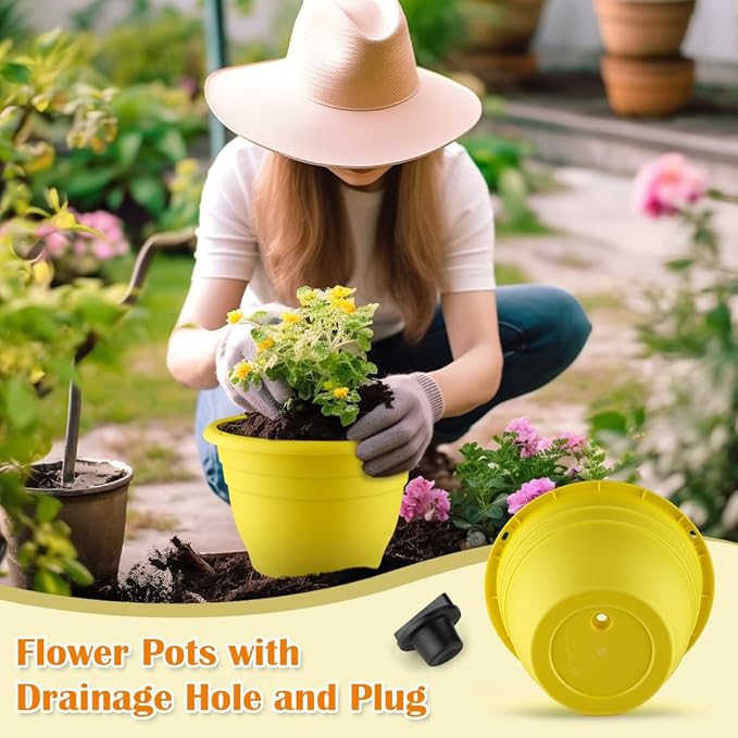 3 Pack 11 Inch Plant Pots for Indoor OutdoorPlastic Floor Planters with Drainage HolesLightweight Flower Pots for HomePatio &amp Garden(Yellow)
