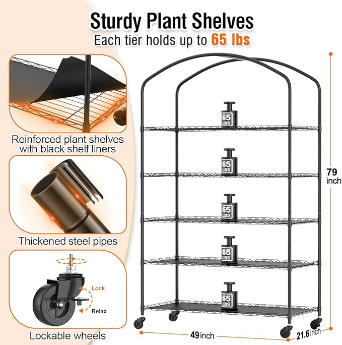 5 Tier Metal Plant Stand with Grow Light &amp PVC Cover Portable Mini Greenhouse with Shelves Adjustable Small Indoor Green House with Grow Light for Indoor Plants Seedling Rack 49x21.6x79