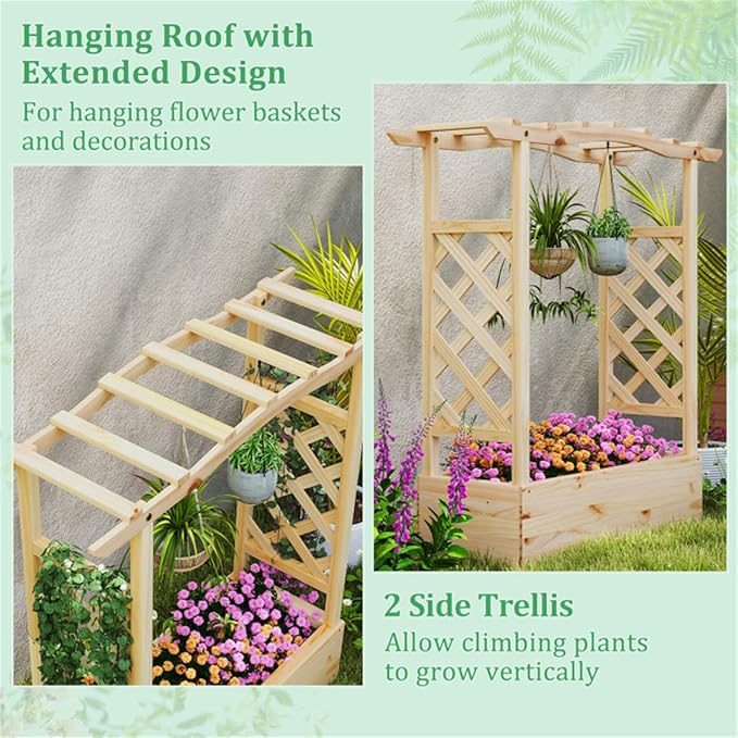 Pine Wood Garden Bed with Trellis Wooden Planter BoxArden Bed with Sided Trellis &amp Hanging Roof Wood Planter Box Freestanding Garden Planter Raised Bed for Flowers Herbs Climbing Vines