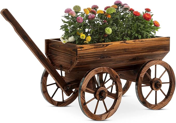 Wood Wagon Movable Planter Box LA VANE Wooden Rustic Garden Flower Pot Stand DIY Rolling Cart Wheelbarrow Raised Bed with Wheels &amp Drainage Hole for Indoor Outdoor Décor Patio Balcony Backyard