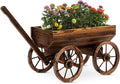 Wood Wagon Movable Planter Box LA VANE Wooden Rustic Garden Flower Pot Stand DIY Rolling Cart Wheelbarrow Raised Bed with Wheels &amp Drainage Hole for Indoor Outdoor Décor Patio Balcony Backyard