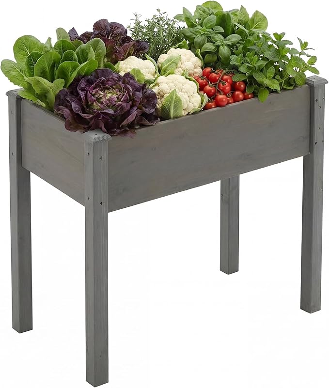 DUMOS Raised Garden Bed with Legs 34x18x30 Inch Planter Box Outdoor with Liner for Herbs Flowers Vegetables Elevated Wooden Garden Bed for Patio Balcony and Backyard Dark Grey