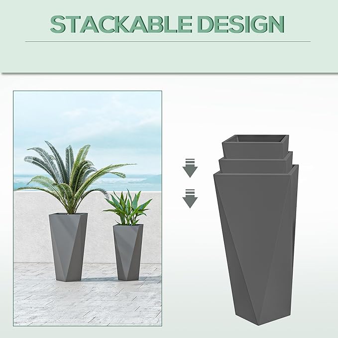Set of 3 Tall 28.75 24.5 20.5 Indoor Outdoor with Drainage Holes Stackable Flower Pots for Garden Patio Balcony Front Door Gray