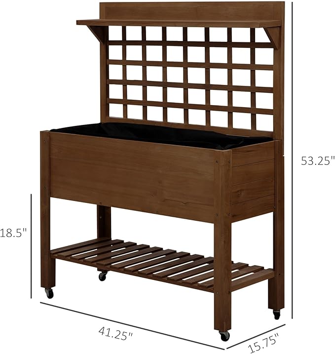 4ftx3ft Sustainable Premium Heavy-Duty Robust Eco-Friendly Natural Wooden Raised Garden Bed with Wheels Trellis Storage Shelf Dark Brown