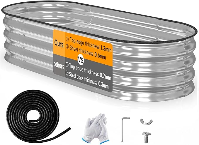 Galvanized Raised Garden Bed Outdoor // 5×2.4×0.9ft Oval Garden Bed for Gardening Vegetables Flowers // Sturdy Metal Planter Box Silver 0.6mm Thickness // Durable and Easy to Install