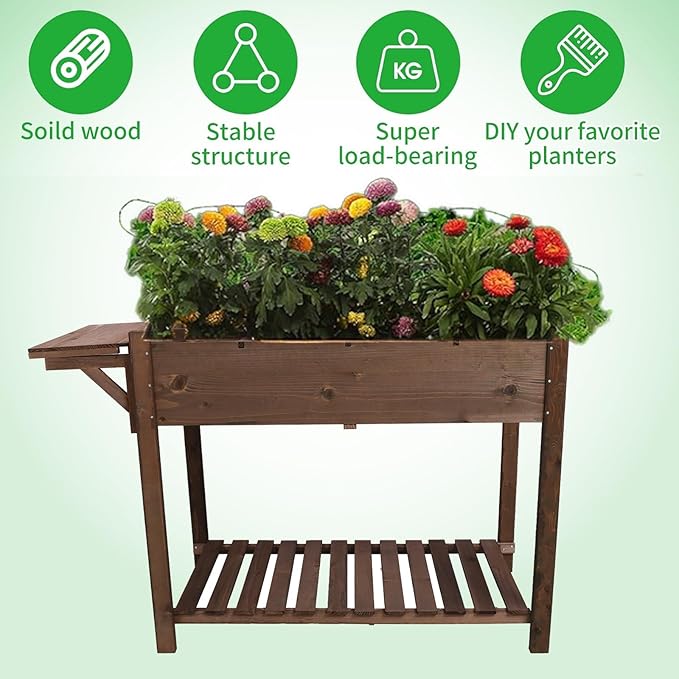8 Pockets Horticulture Raised Garden Bed Elevated Wood Planter Box Stand with Foldable Side Table and Storage Shelf for Herb/Vegetables/Flowers Dark Brown Color
