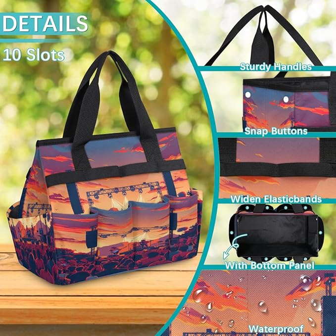 Sunset Music Festival Pattern Garden Tool Bag for Women Men Garden Storage Tote Bag with 10 Pockets &amp Handle Gardening Tool Organizer for Garden Patio Indoor Outdoor