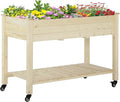 Raised Garden Bed 47 x 22 x 33 Elevated Wooden Planter Box w/Lockable Wheels Storage Shelf and Bed Liner for Backyard Patio Natural