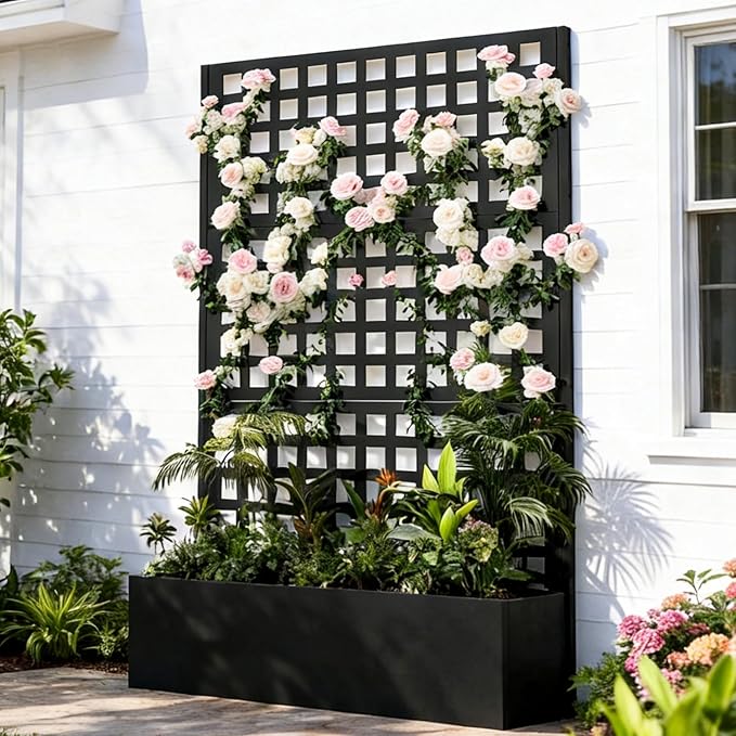 Metal Planter Box with Trellis Black Raised Garden Bed Privacy Screen Planters with Trellis for Climbing Plants Vegetable Flowers Outdoor Indoor Large 1Pc