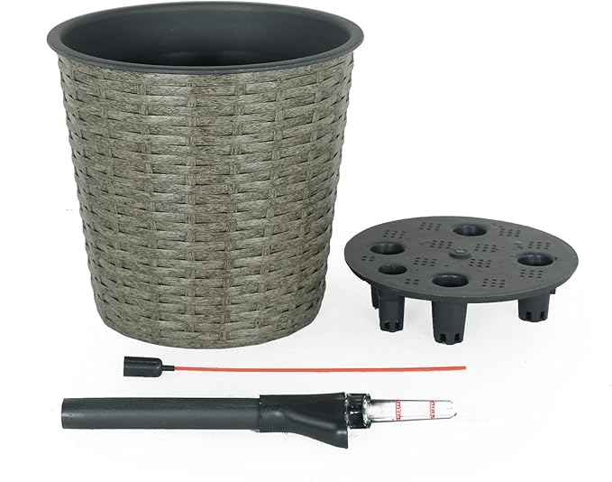 2 Pack Self Watering Wicker Decor Planter for Indoor and Outdoor Round Grey