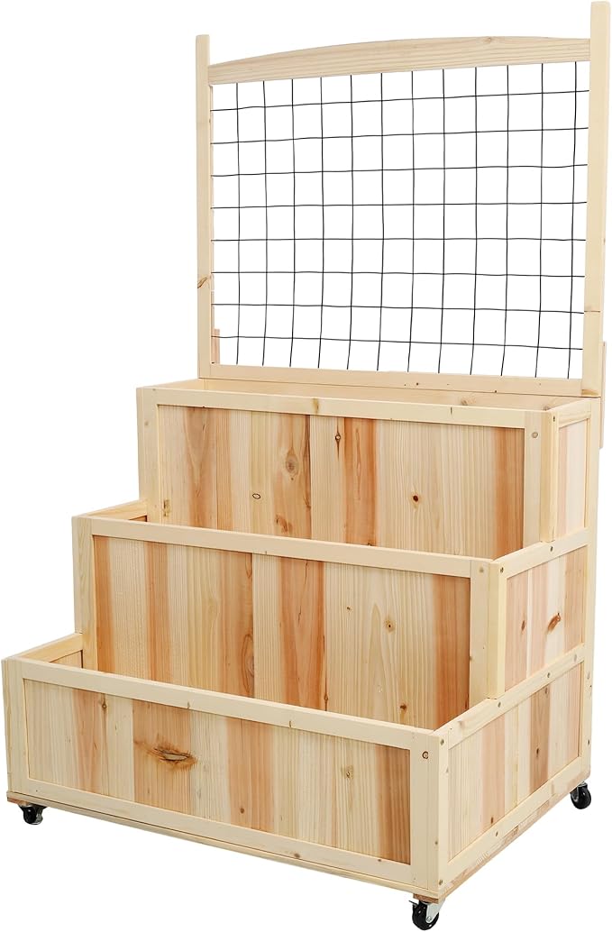 3-Tier Vertical Raised Garden Bed with Trellis - 53 H Wheels Back Storage Area Natural for Flowers Vegetables Herbs