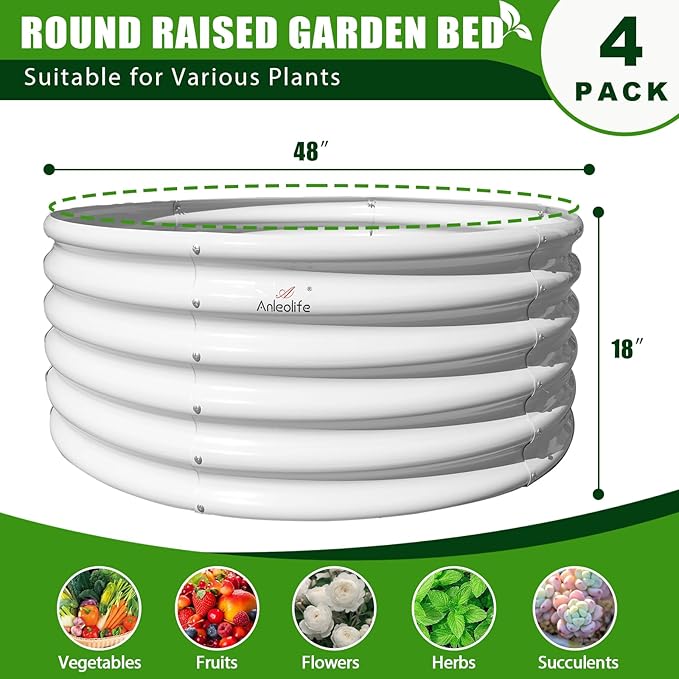A ANLEOLIFE 4-Pack 4ft x 18” Tall Round Galvanized Raised Garden Beds Outdoor for Planting Vegetables Flowers Herb Antique White