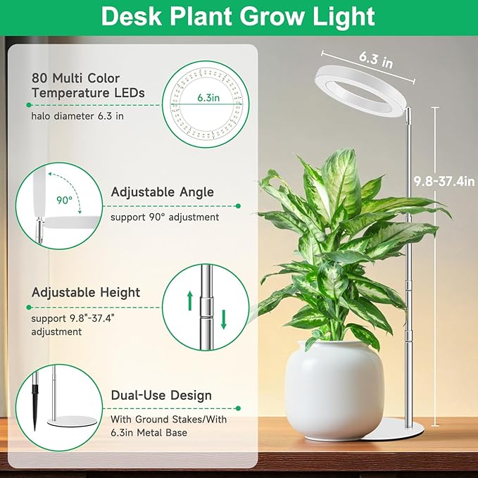 Grow Lights for Indoor Plants Full Spectrum Plant Lights for Indoor Growing 9.8-37.4 Height Adjustable Desk Grow Lamp with Auto Timer 6/12/16Hrs 3 Optional Spectrums 5 Brightness1 Pack