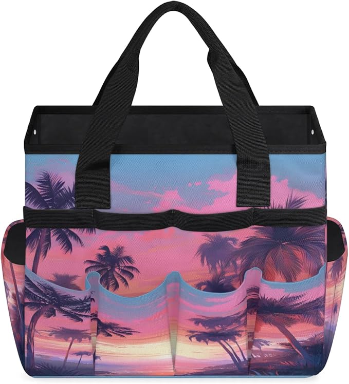 Coconut Tree Evening Sunset Garden Tool Bag Waterproof Garden Tool Storage Bag Heavy Duty Oxford Gardening Tool Bag with Handle &amp 10 Pockets for Men Women Outdoor Garden Lawn Yard