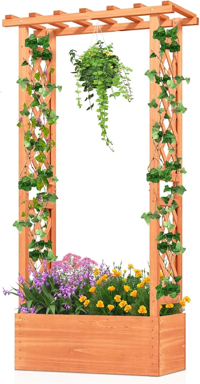 Nightcore Raised Garden Bed with Trellis Wooden Flower Rack with Double-Sided Grid Hanging Roof &amp Drainage Holes Outdoor Garden Planter for Flowers Vegetables Climbing Vines (1)