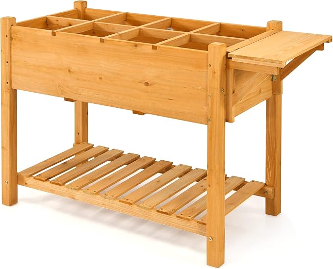 Giantex Planter Raised Bed Elevated Raised Garden Box with 8 Grids and Side Work Table Outdoor Wood Plant Container Backyard Patio (48.5 Lx21 Wx31.5 H)