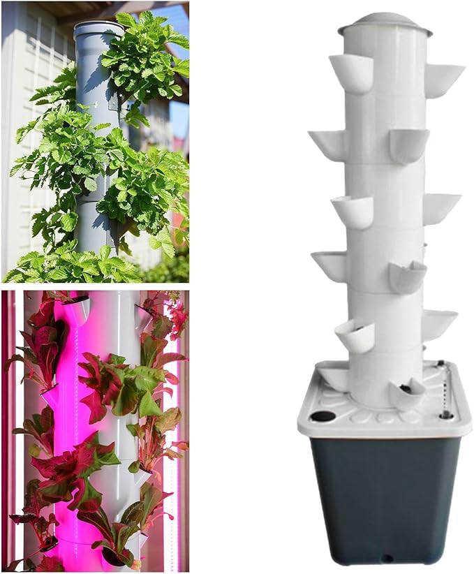 Hydroponic Grow Rack Hydroponic Grow System Tower Indoor Outdoor Home Plant Germination Kit Vertical Garden Planter Water Pump PVC Suitable for Yard S 18Holes