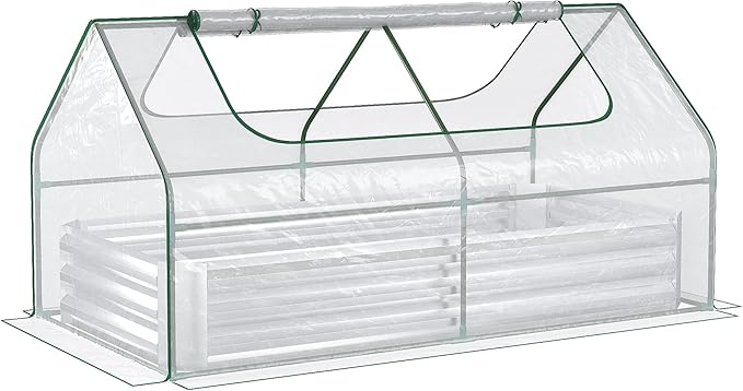 6' x 3' Galvanized Raised Garden Bed with Mini PVC Greenhouse Cover Outdoor Metal Planter Box with 2 Roll Up Windows for Growing Flowers Fruits Vegetables and Herbs Silver