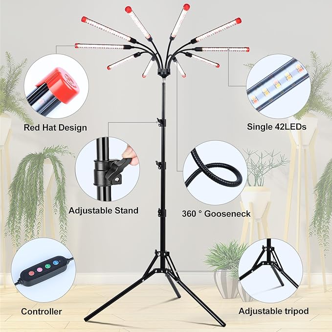10Head Grow Light with Stand for Tall&ampLarge Indoor Plants Bonsai Tree Big Coverage and Bright Plant Growing Lamps 4/8/12/16/20H Timer 90 Watt Power Draw NO Need Adapter 360° Gooseneck