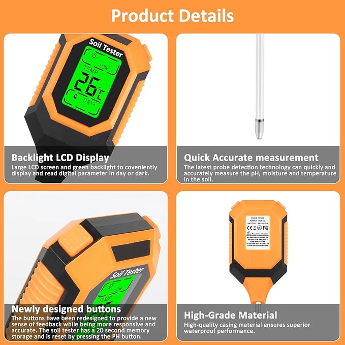4-in-1 Soil Moisture Meter Digital PH Meter/Soil Moisture/Plant Temperature/Sunlight Intensity Backlight LCD Display Soil Test Meter for Garden Lawn Plant Care Farm and Indoor Outdoor Plants