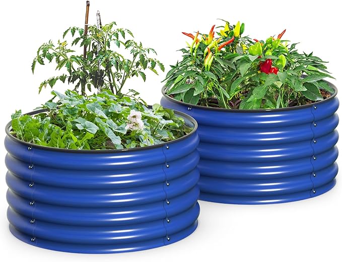 Olle Metal Raised Garden Bed 17 Tall Twin Round Raised Garden Bed Garden Boxes Outdoor Raised Bed Kit Galvanized Planter Boxes Garden Planters for Outdoor Plants Cobalt Blue 24 X 17