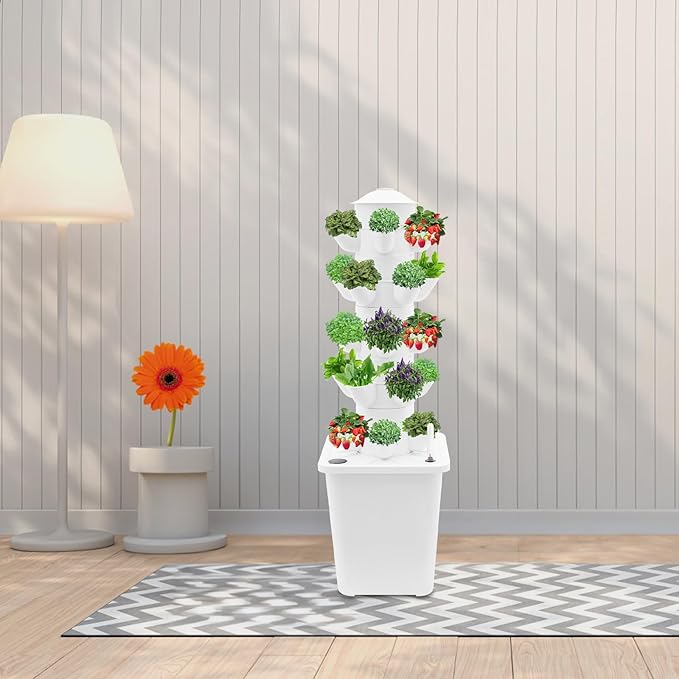 25 Plants Hydroponic Tower Hydroponics Growing System Vertical Garden Planter with Water Pump Plants Germination Kit for Indoor Herbs Vegetables Fruits (White)