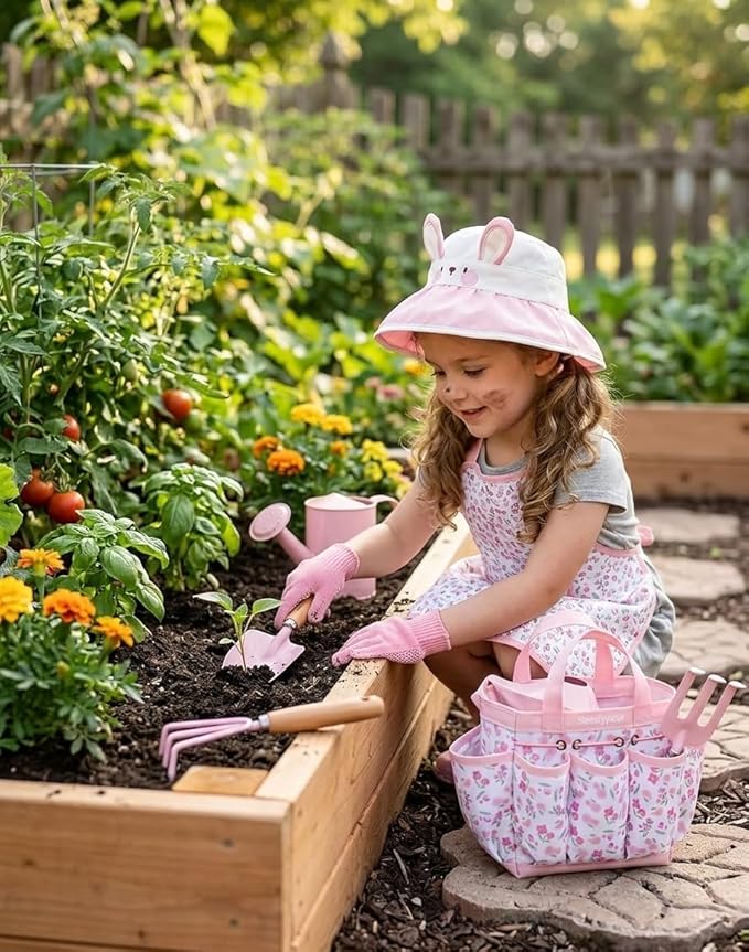 Kids Gardening Tool Set Toys - 8 Pieces Quality Garden Kit for Toddlers &amp Kids with Shovels Rake Watering Can Hat Apron Gloves &amp Storage Bag (Pink Flower)