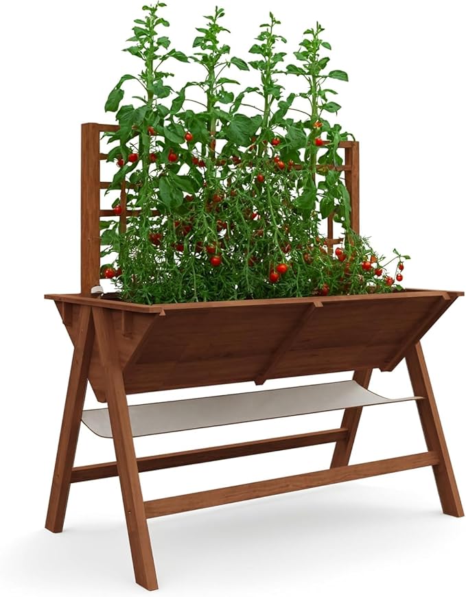 52x30x54 in Elevated Garden Bed with Legs Tall Wooden Planter Box with Climbing Trellis Outdoor Standing Raised Bed for Vegetables Flowers and Herbs-Brown
