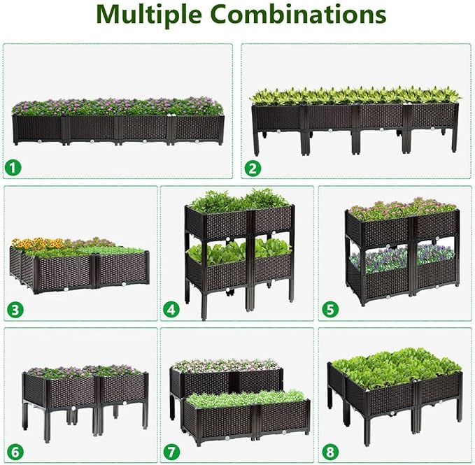 Set of 4 Raised Garden Beds w/Brackets Elevated Garden Bed Kit Patio Flower Plant Planter Box Container Indoor Outdoor Perfect for Porches Decks Balconies Yard Gardening Brown