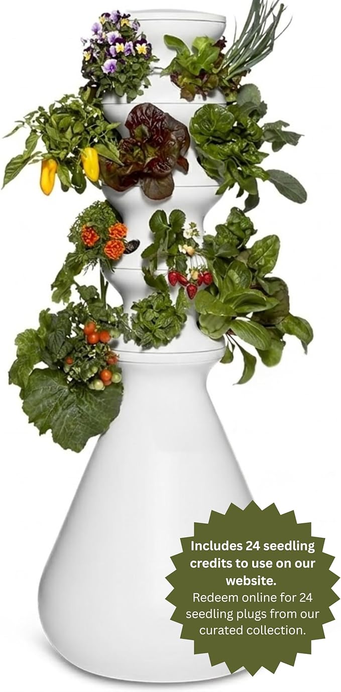 Farmstand Starter Kit + 24 Seedling Credit | Medium Hydroponic Growing System Kit | Self-Watering Outdoor Vertical Garden Planter Tower | 4ft 10in | Made in USA